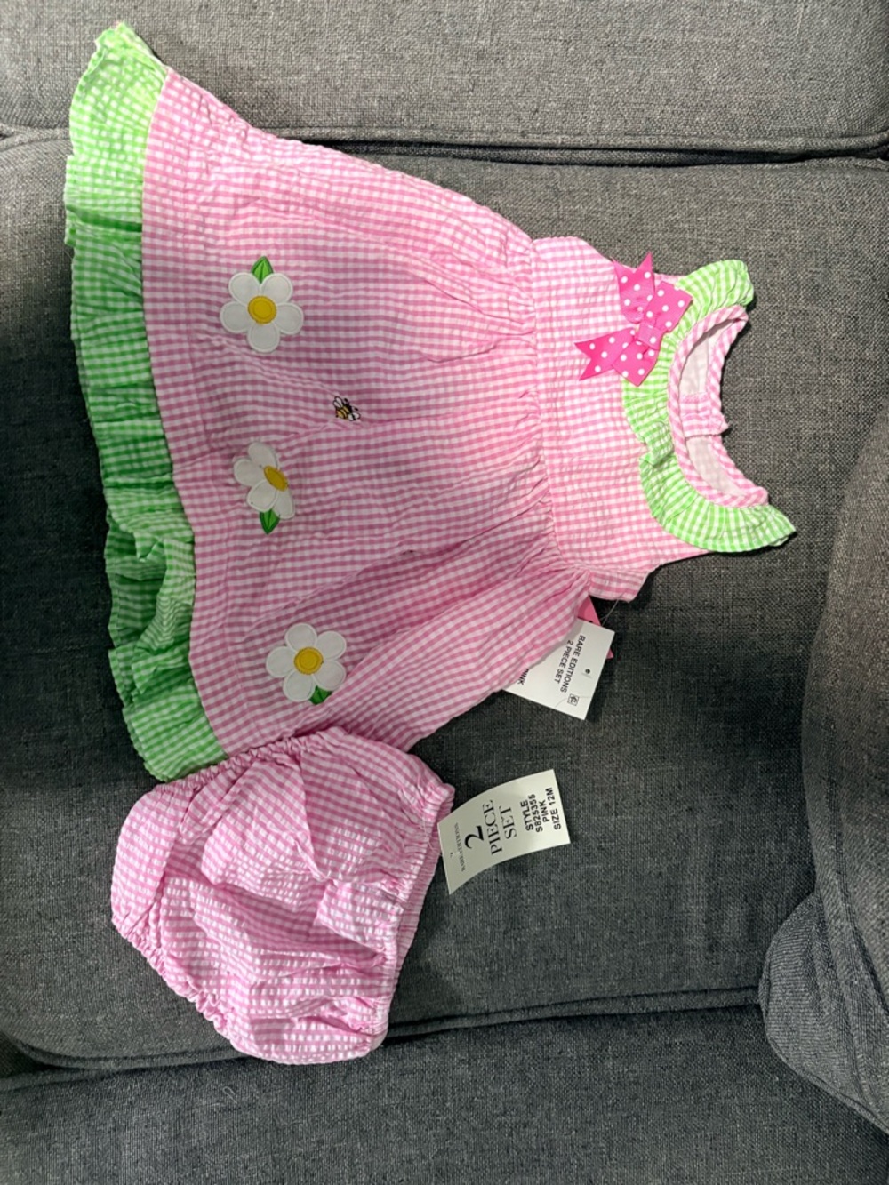 Macy's Pink & Green Gingham Flower Sundress with Bloomers